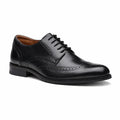 Men's black leather business shoe with cap-toe brogue detailing and lace-up closure.