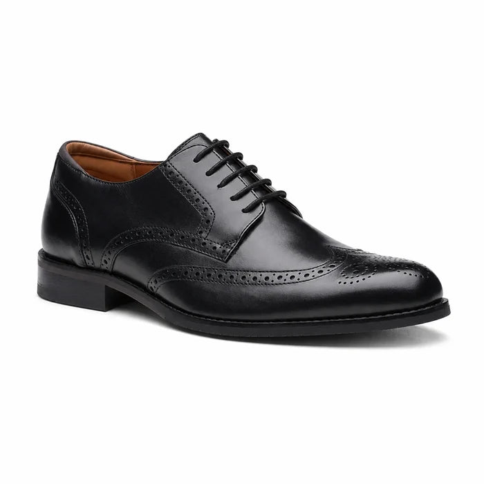 Men's black leather business shoe with cap-toe brogue detailing and lace-up closure.