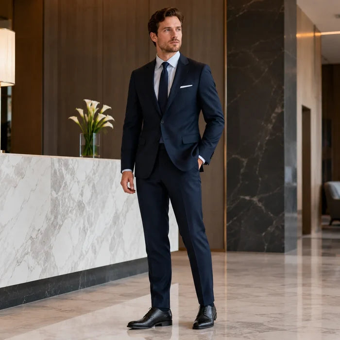 Men's black leather derby-style shoe worn with navy suit trousers and dress socks.