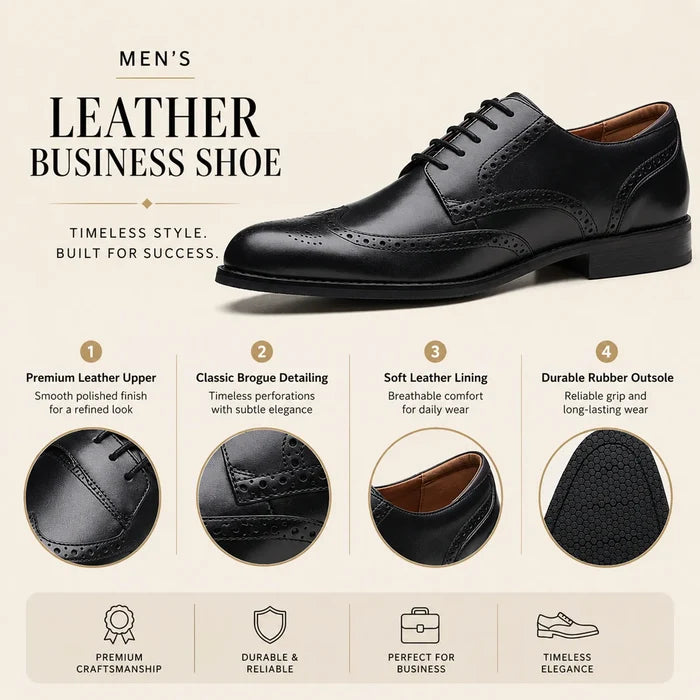 Men's black leather business shoe with polished finish, brogue trim, and lace-up front.