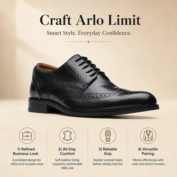 Men's black leather business shoe with lace-up front and brogue wingtip pattern.