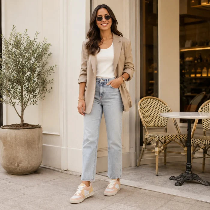 Women’s pale peach and white lace-up sneakers worn with light blue jeans
