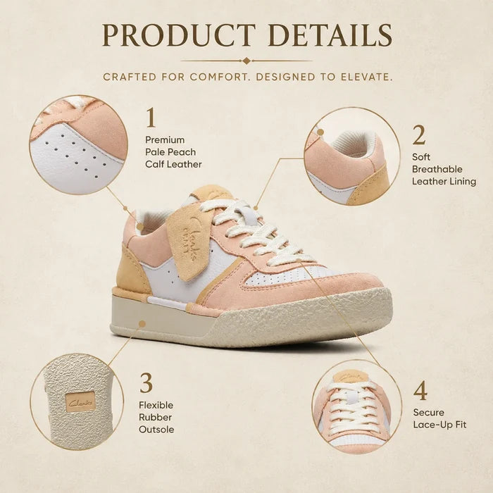 Women’s pale peach court sneakers with white perforated toe and lace-up strap