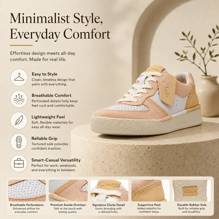 Women’s sneakers on a product graphic showing pale peach, white, and comfort details