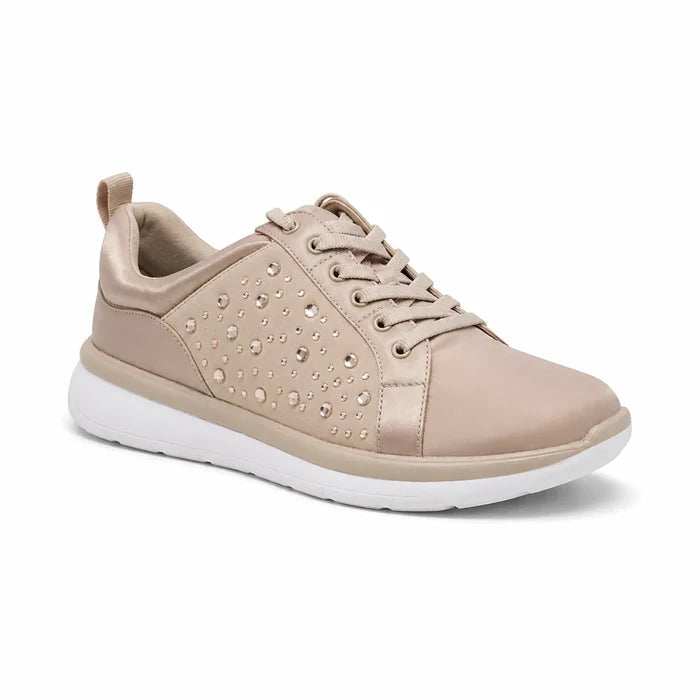 Taupe metallic women's sneakers with rhinestone-style studded panel and lace-up front.