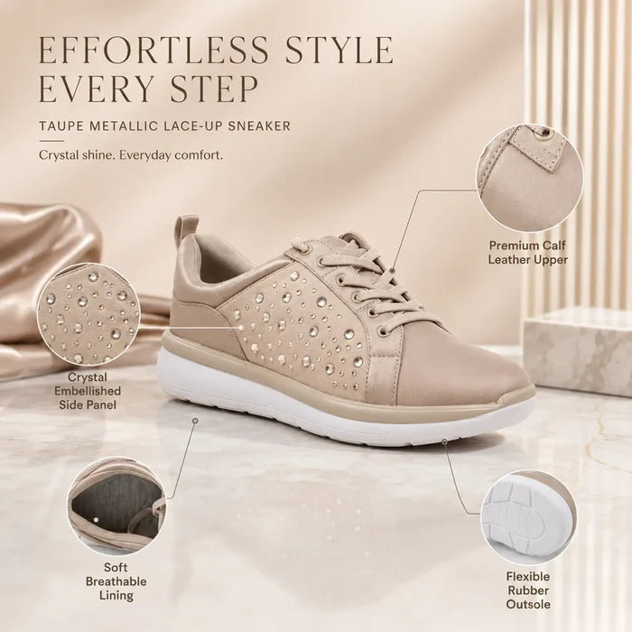 Taupe metallic lace-up sneaker with crystal-like studded design and white rubber sole.