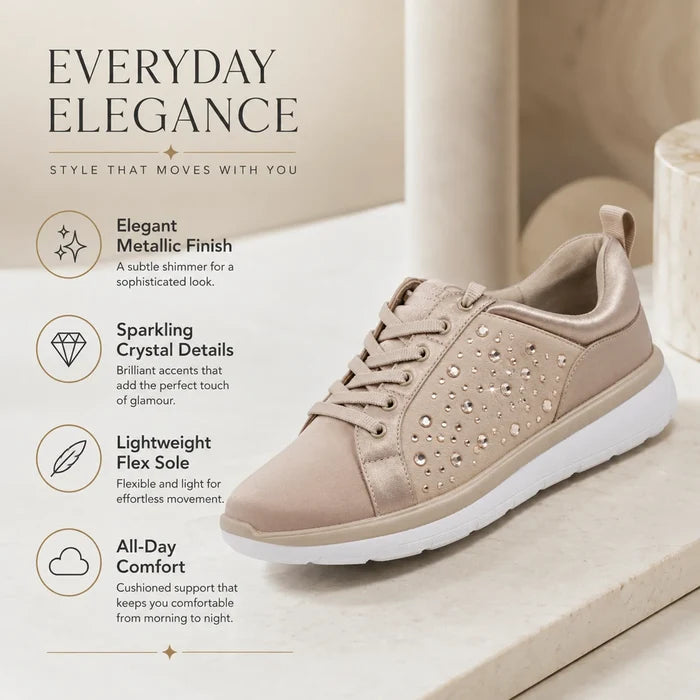 Taupe metallic lace-up sneaker with crystal-like details and cushioned white sole.