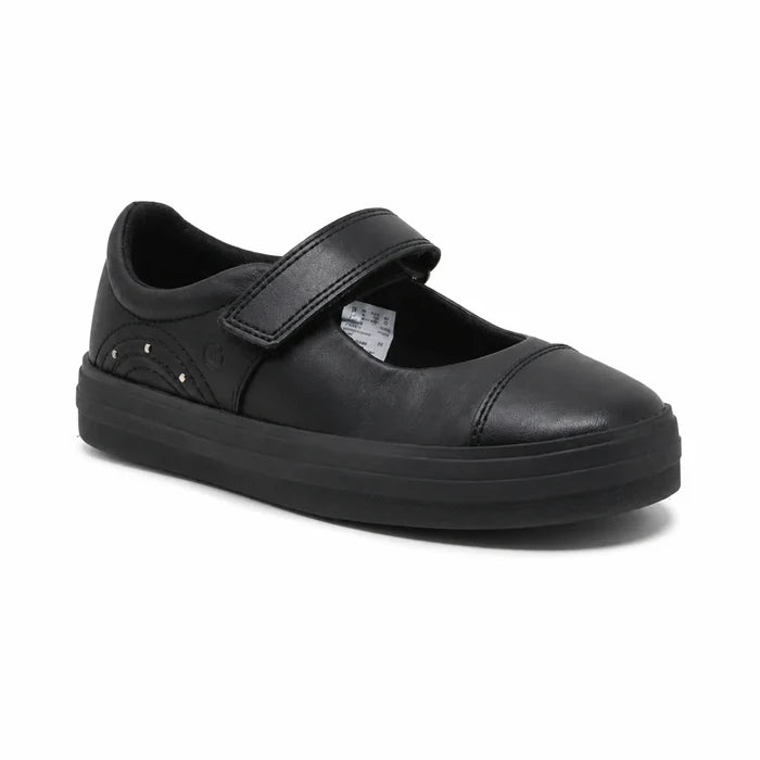 Black kids loafer shoes with hook-and-loop strap and cushioned sole.