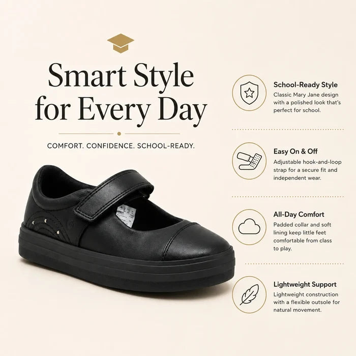 Black kids loafer shoes with hook-and-loop strap and padded comfort lining.