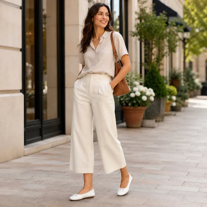 Women’s white lace-up ballet flats worn with cropped white pants; low profile sole.