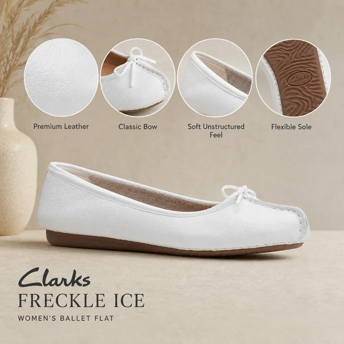 Women’s white leather ballet flat, side view with bow tie detail and flexible sole.