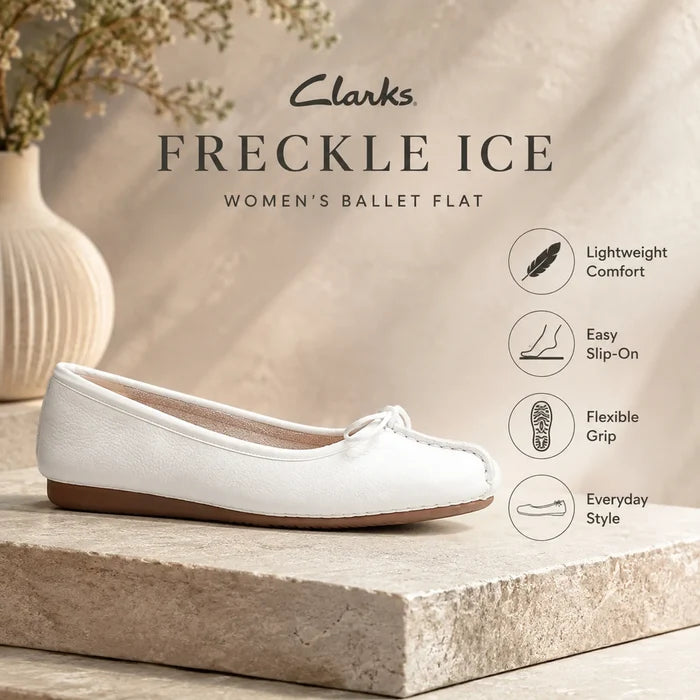 Women’s white leather ballet flat with lace tie and lightweight low brown sole.