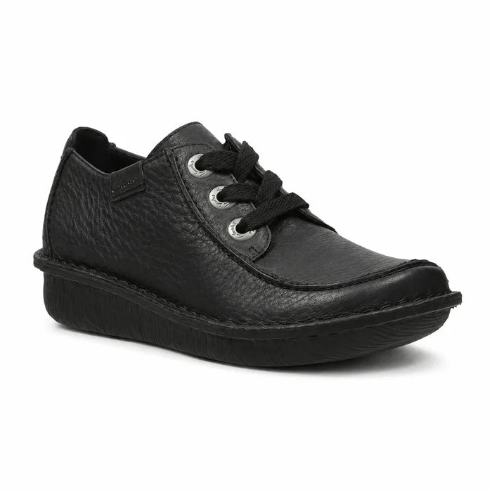 Black leather lace-up casual shoe with cushioned low rubber sole