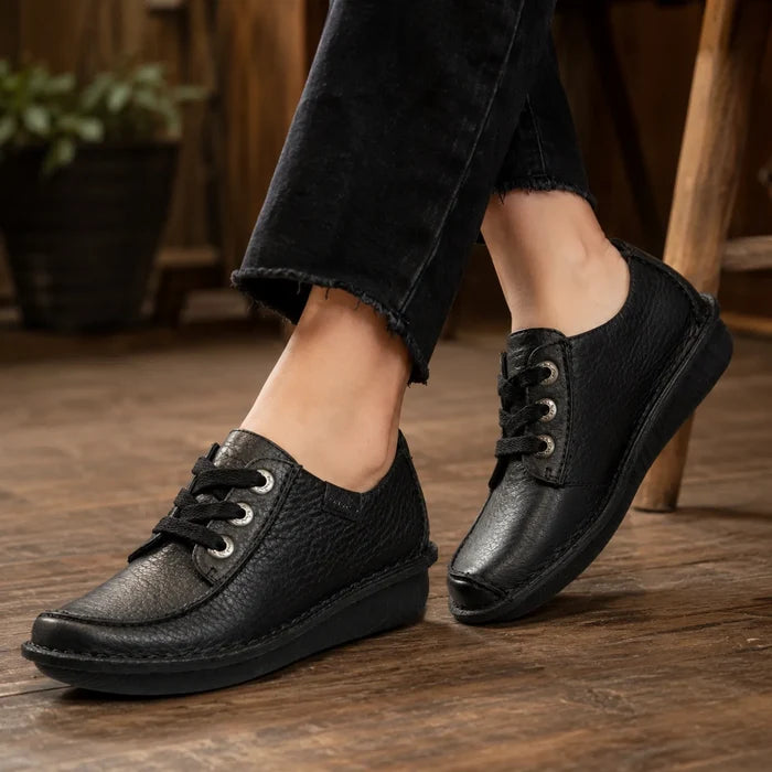 Black leather lace-up casual shoes with low cushioned sole