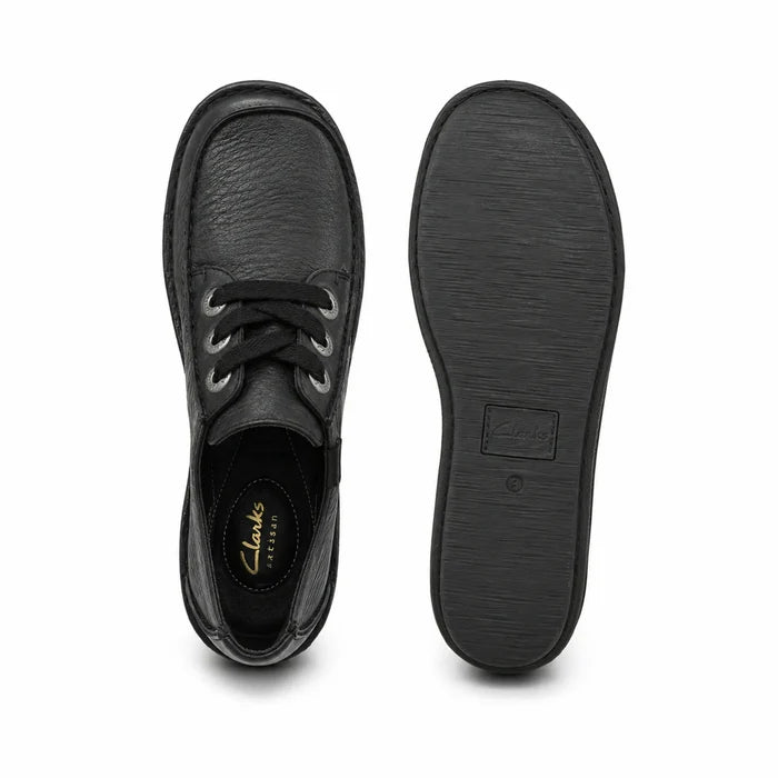Black leather lace-up shoe front and outsole view