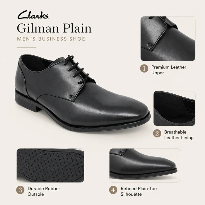 Clarks Gilman Plain black leather lace-up business shoe, plain-toe style