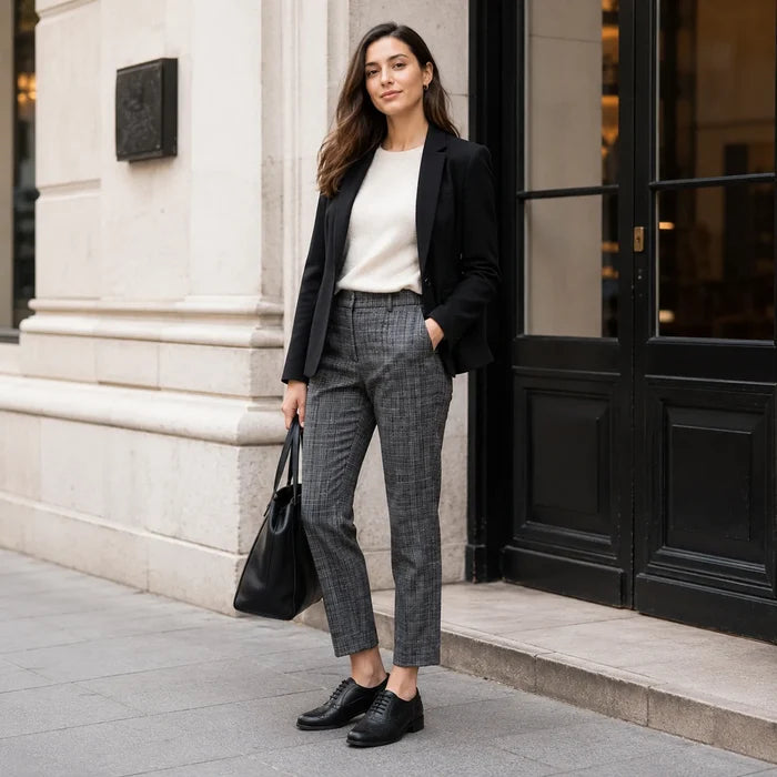 Black lace-up brogue shoes with wingtip detailing and block heel, worn with trousers