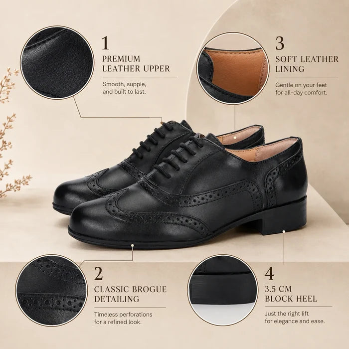 Black lace-up brogue leather shoes with classic perforations and low block heel