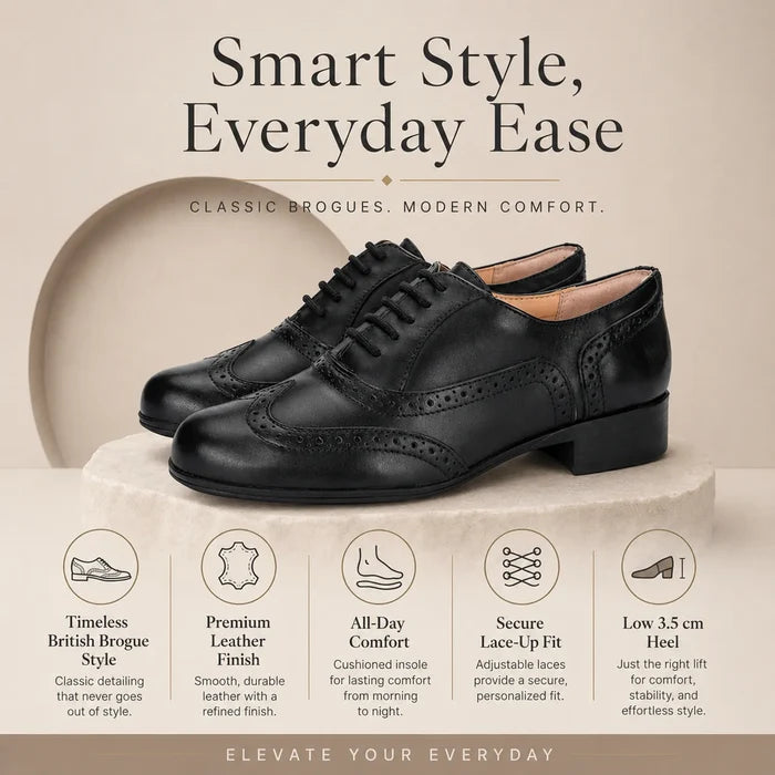 Black brogue leather oxford shoes with lace-up front and perforated design