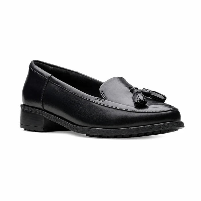 Black leather women's loafers with tassel detail and low block heel, angled