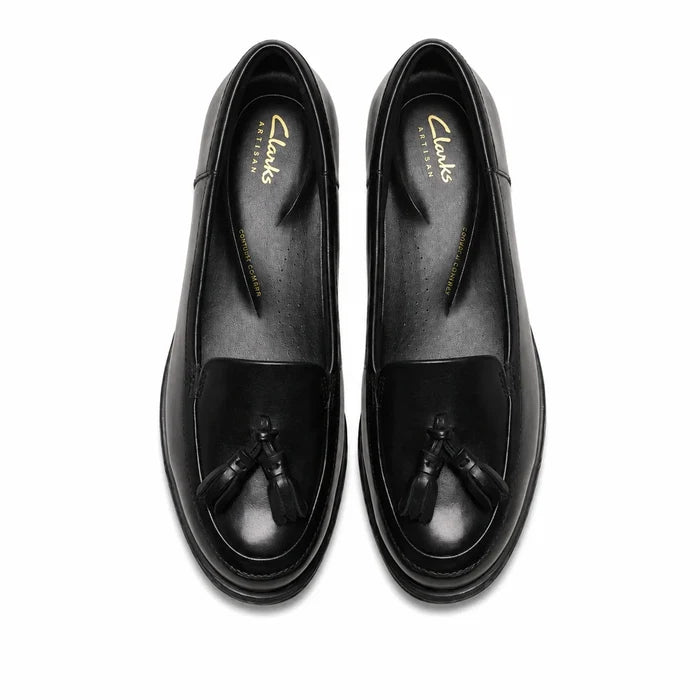 Black leather women's loafers with tassel detail on toe, pair front view