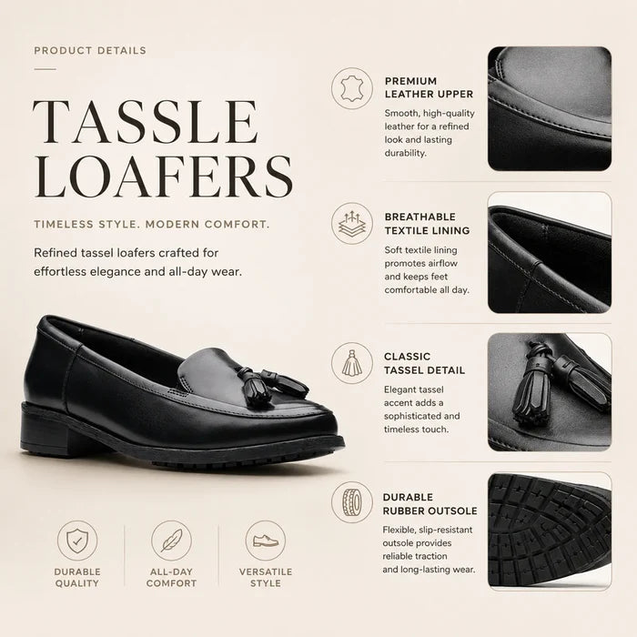 Black leather tassel loafers with rubber outsole detail, product graphic