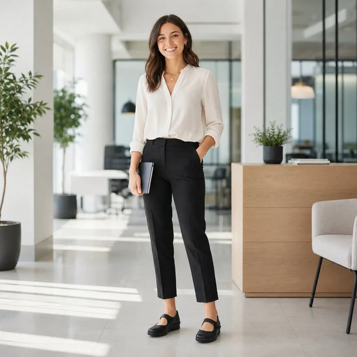 Black loafers on a woman, low wedge sole with adjustable strap