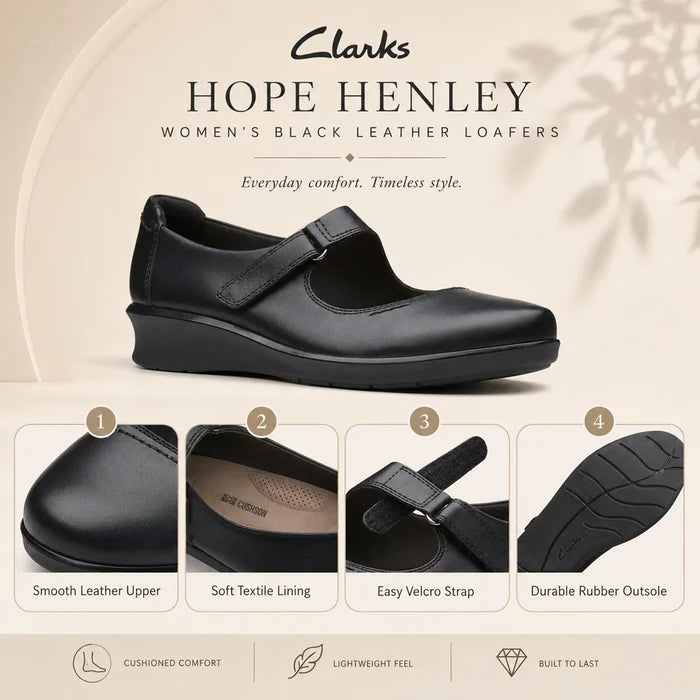 Black leather women's loafer with Velcro strap and low wedge sole