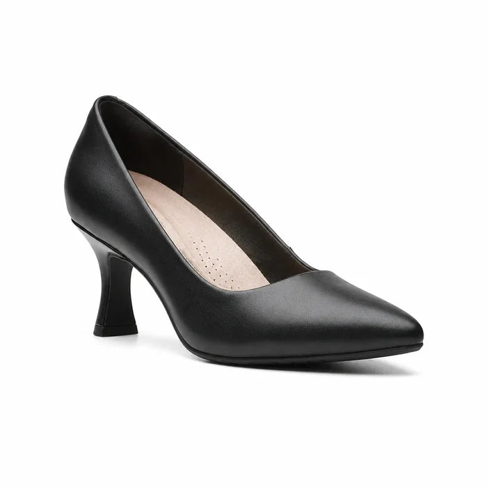 Black leather pointed-toe pump with smooth upper and medium block heel, side view