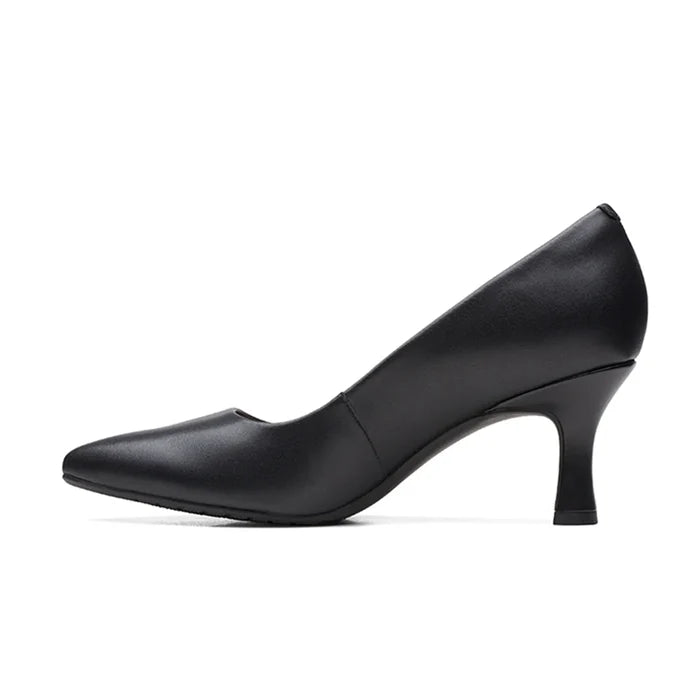 Black leather slip-on pointed-toe pump with medium heel, side profile