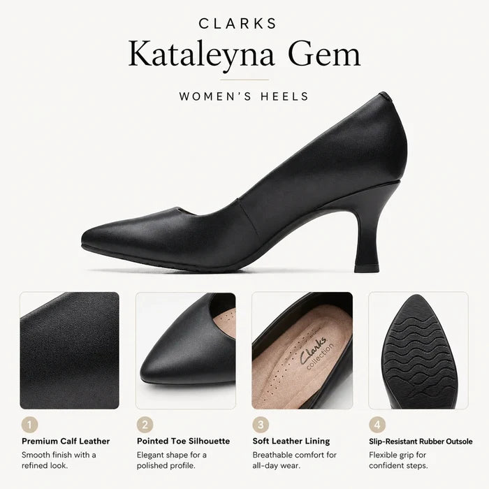 Black leather pointed-toe pump with medium heel, shown on product detail card