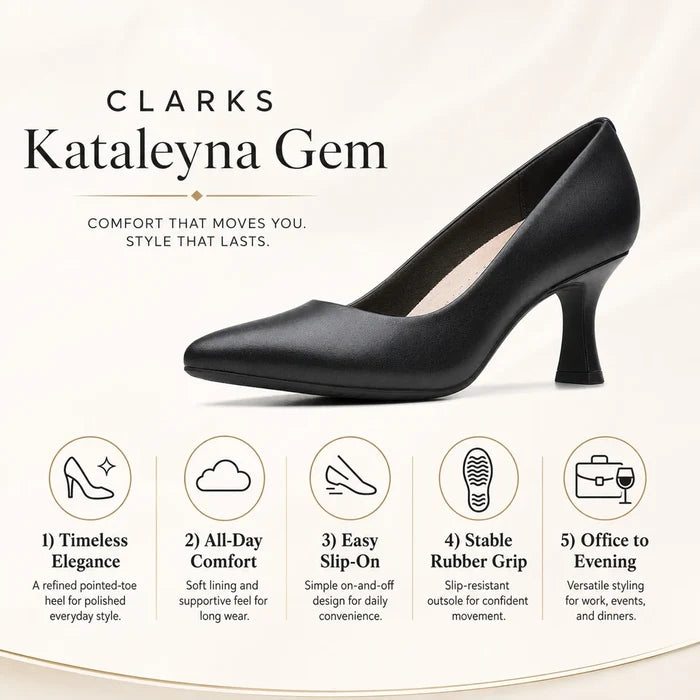 Black leather pointed-toe pump with medium heel, side view on feature card