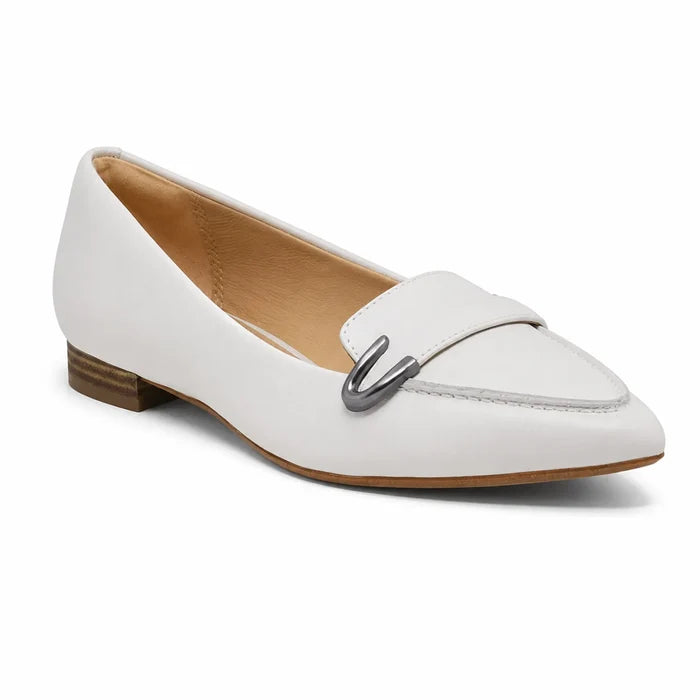 Women's white leather loafer with metal buckle detail and low block heel