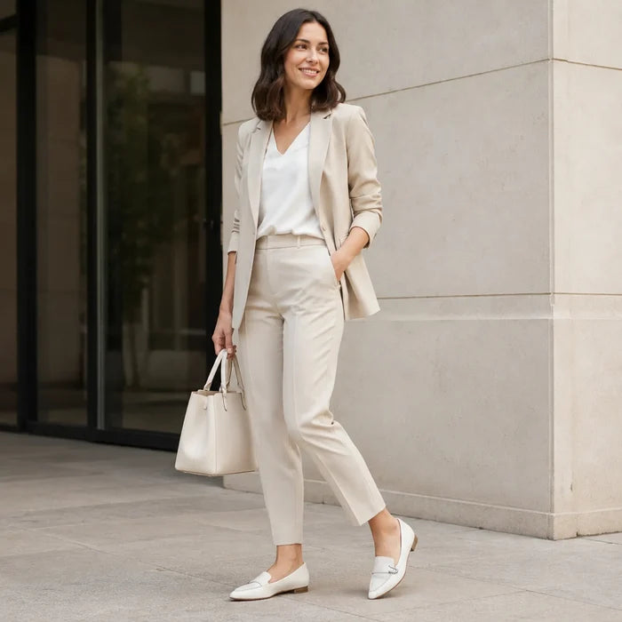 Women's white leather loafers with metal buckle, styled with low block heel
