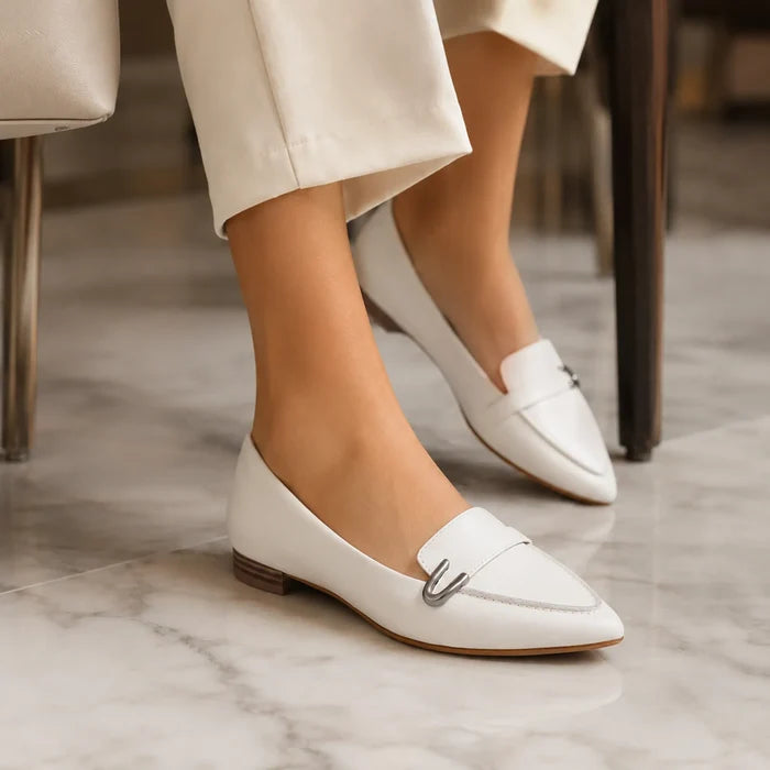 Women's white leather loafer with metal buckle strap and low block heel