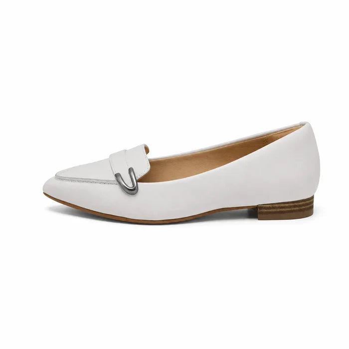 Women's white leather loafer with metal buckle detail and brown sole edge