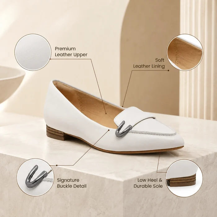 Women's white leather loafer with metal buckle and low block heel