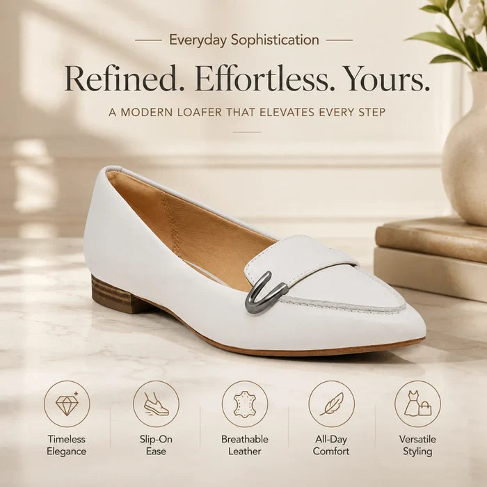 Women's white leather loafer with metal buckle and low block heel