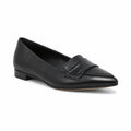 Black leather women's loafer with croc-embossed strap and low block heel