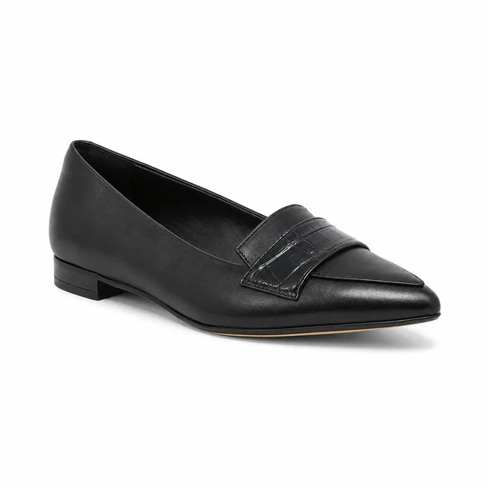 Black leather women's loafer with croc-embossed strap and low block heel