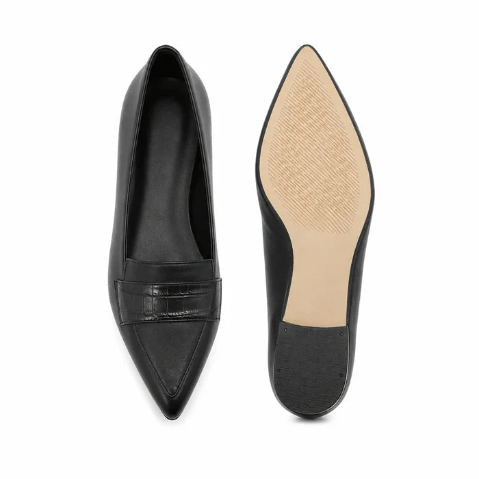 Black leather women's loafer pair with pointed toe and strap, top and sole