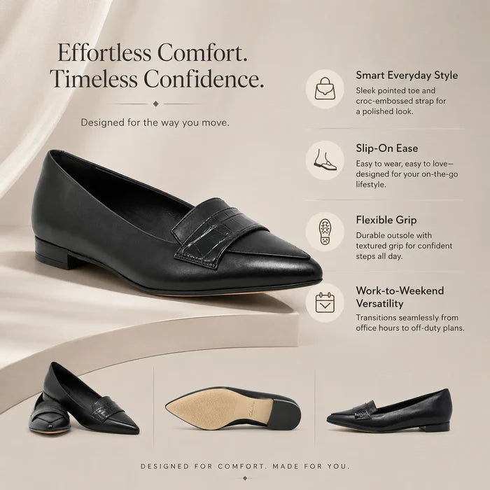 Black leather women's loafer, side view, croc-embossed strap and low heel