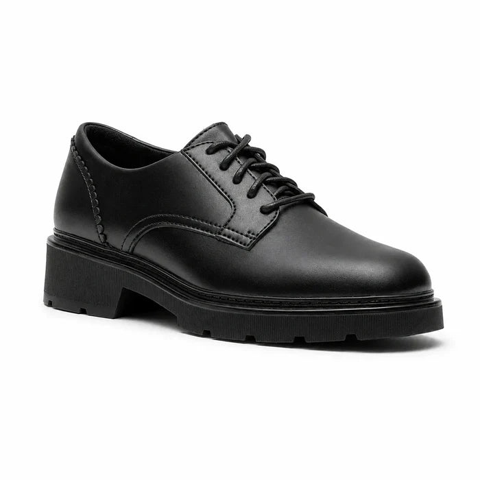 Women's black leather lace-up casual shoes, front view with padded collar