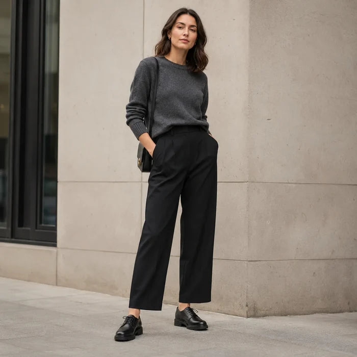 Women's black leather lace-up casual shoes on feet with dark trousers