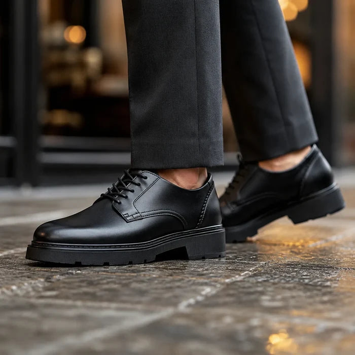 Women's black leather lace-up shoes with chunky sole