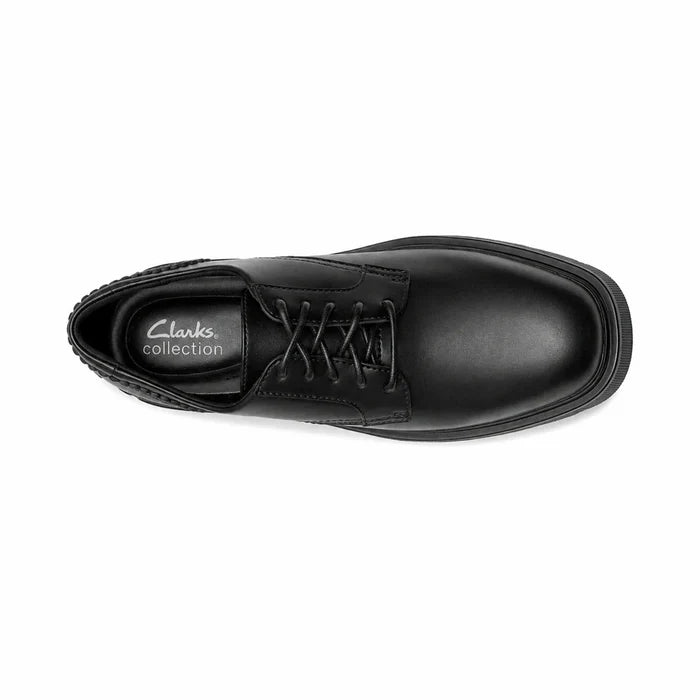 Women's black leather lace-up shoes, top view with Clarks Collection logo