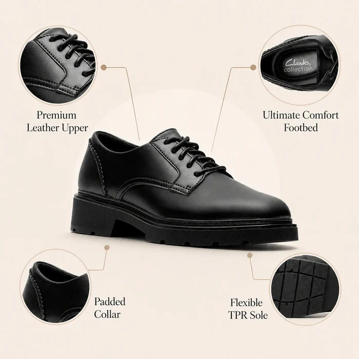 Women's black leather lace-up shoes, padded collar and flexible TPR sole diagram