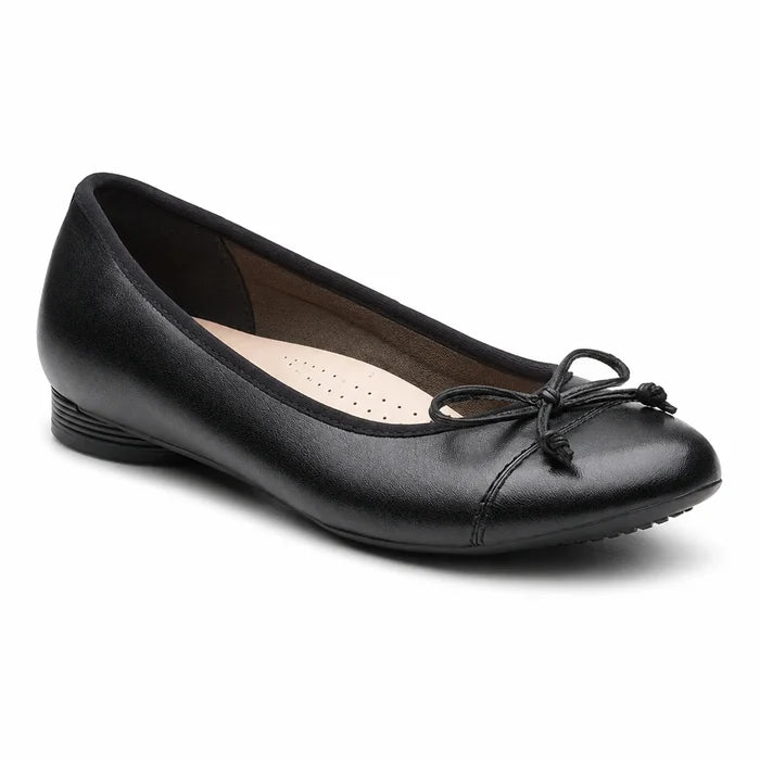 Women’s black leather loafer flats with bow tie at vamp and low stacked heel