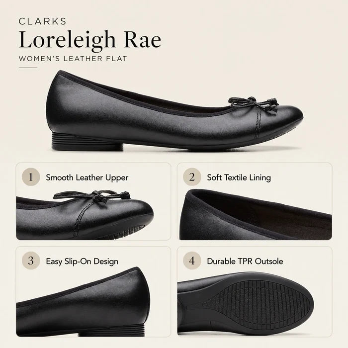 Black leather flat loafer with bow, smooth upper and low outsole