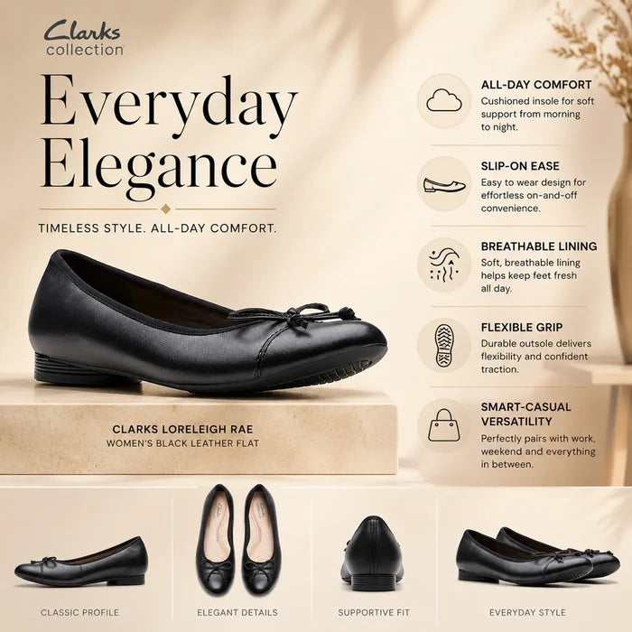 Black leather flat loafer with lace bow and low outsole, classic profile